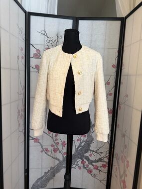 Missguided Cream Tweed Cropped Blazer with Gold Buttons